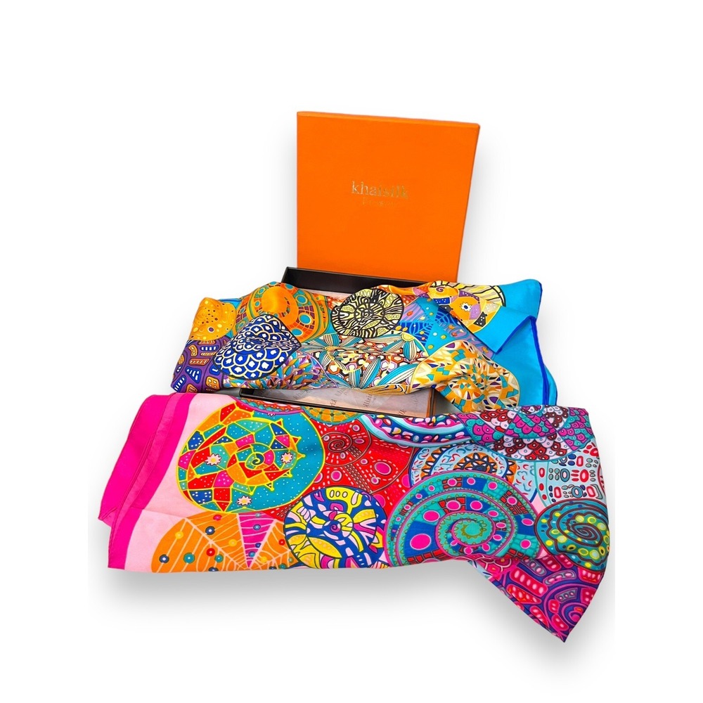 Khaisilk Colorful Circles Scarf Shawl 100% silk & A Bonus Oblong Silk Scarf New!